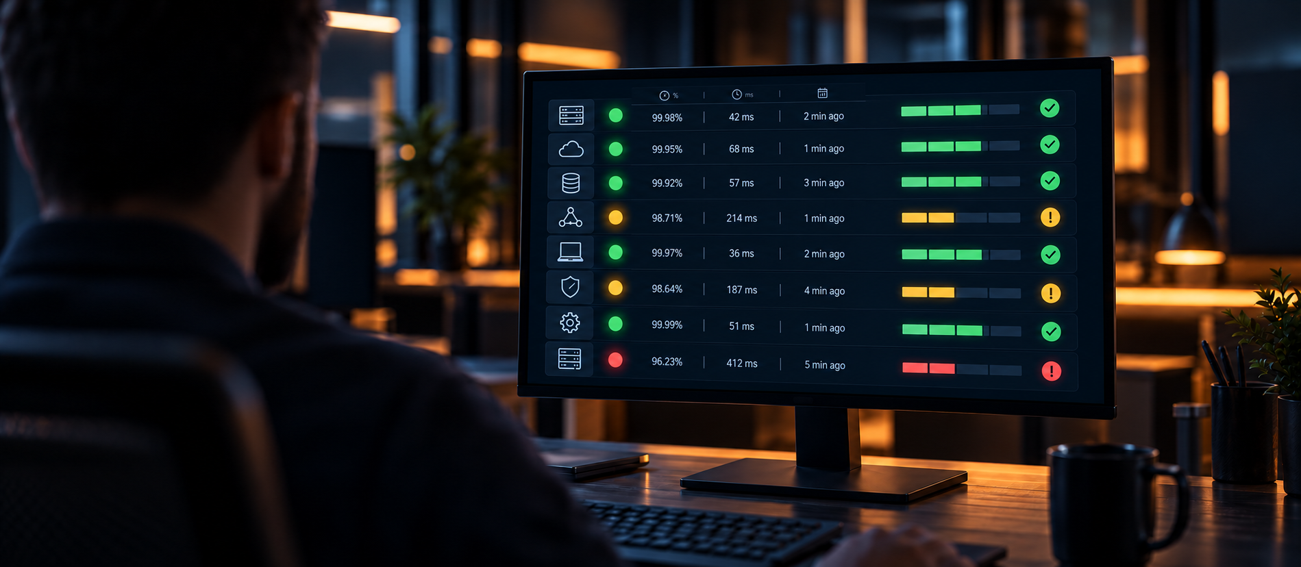 IT specialist reviewing system health, uptime, and response times on a monitor